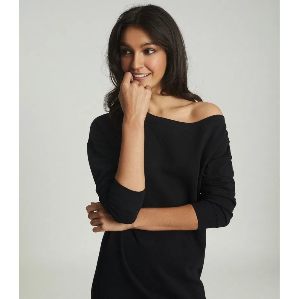 REISS Portia Black Off-The-Shoulder Sweatshirt Dress Size S Long Sleeve Mini - Picture 4 of 7